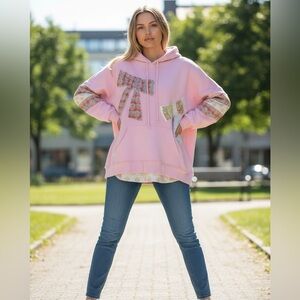 BlueVelvet L Pink Hoodie with Patchwork Plaid Bow Details